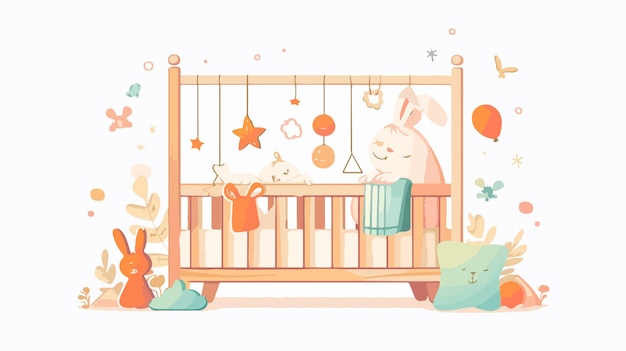 a baby in a crib with a bunny on the wall