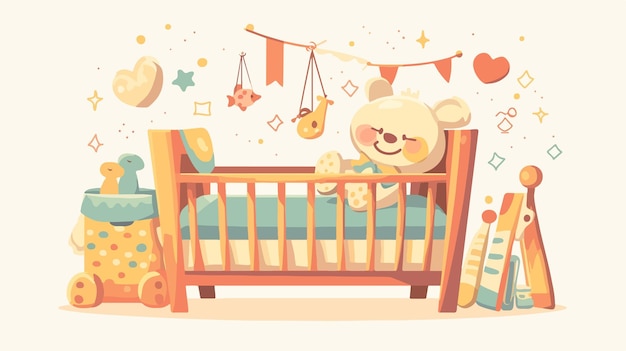 a baby in a crib with a teddy bear on the wall and a baby in the corner