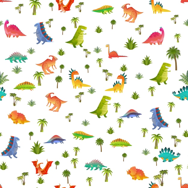 Baby dino seamless pattern. Animal dragon and cute nature dinosaur in jungle, childish bright reptile texture for nursery wallpaper, fabrics and wrapping paper, vector background isolated on white