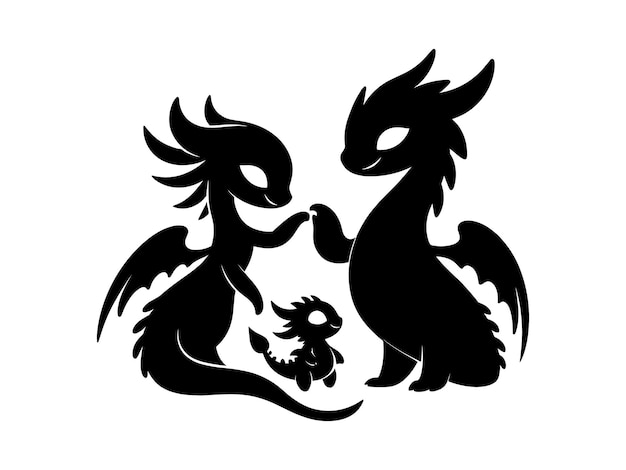 Baby Dragons And Their Parents silhouette Dragon Vector Illustration