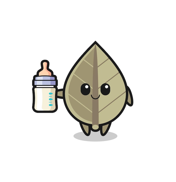 Baby dried leaf cartoon character with milk bottle