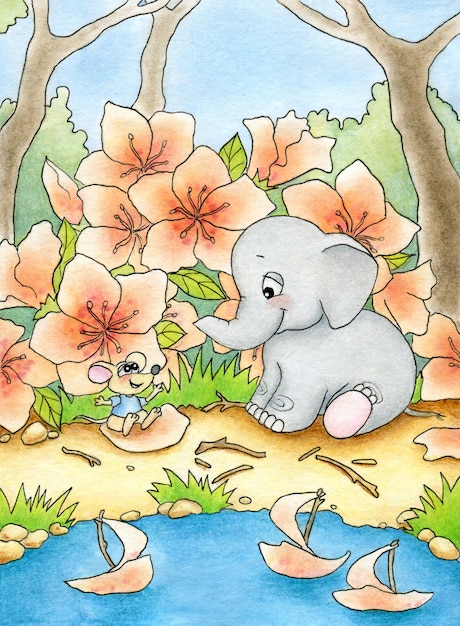 Baby elephant and baby mouse chatting on the riverbank