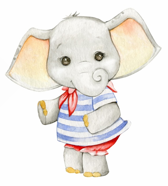 A baby elephant dressed as a sailor is lying on a whale Watercolor clipart on an isolated background