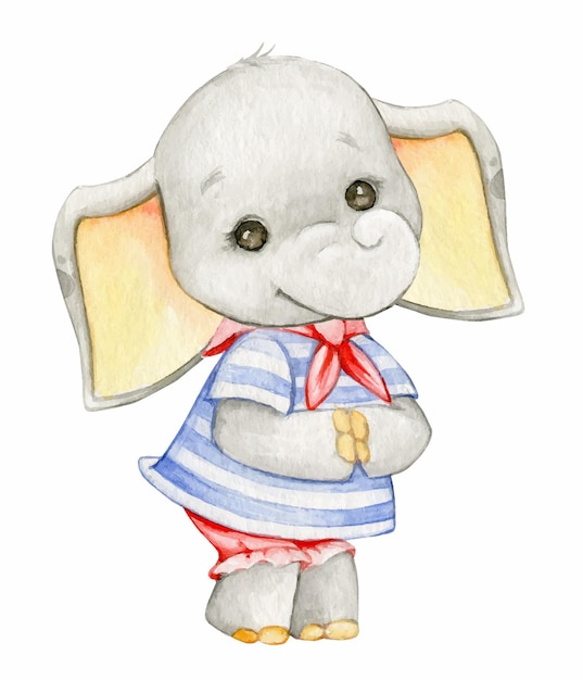 A baby elephant dressed as a sailor is lying on a whale Watercolor clipart on an isolated background