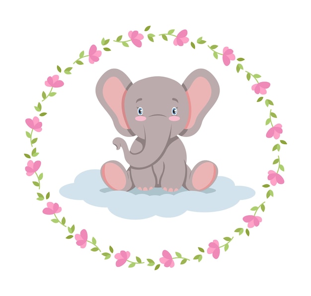 Baby elephant in floral wreath in cartoon style