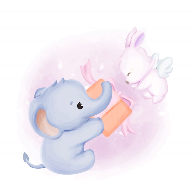 Baby elephant, gift and rabbit