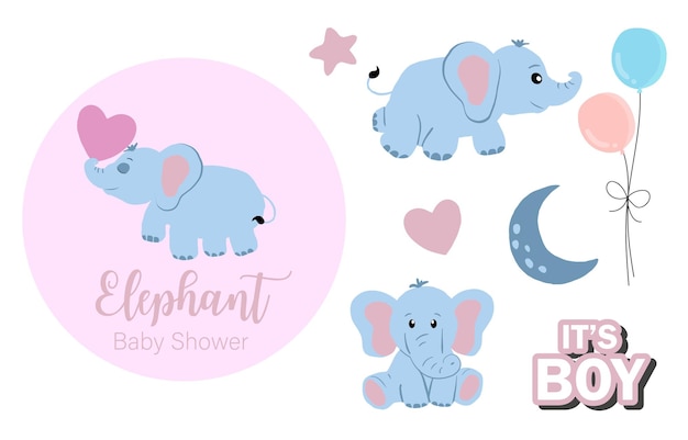 Vector baby elephant object with starheartballoon for birthday postcard