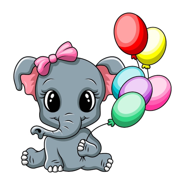 A baby elephant with a pink bow holding balloons.