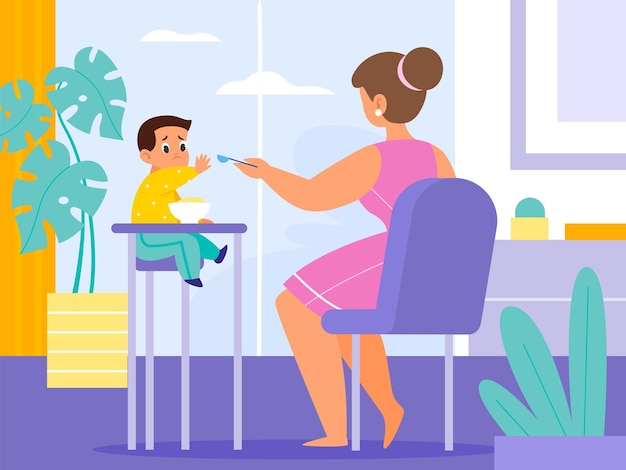 Baby feeding room Mom gives food toddler with spoon at home little kid sitting on high chair harmful child refuses eat Parent care and love happy motherhood vector cartoon flat concept