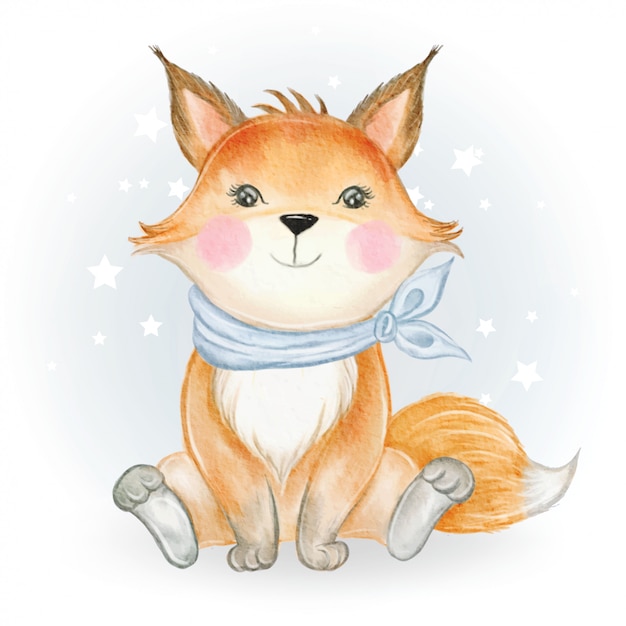 Baby fox adorable watercolor illustration