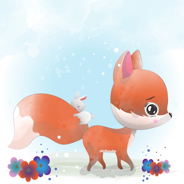 Baby Fox cute character painted with watercolor