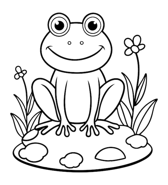 Vector baby frog coloring page outline illustration art with flower in the grass