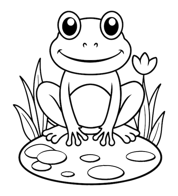 Vector baby frog coloring page outline illustration art with flower in the grass