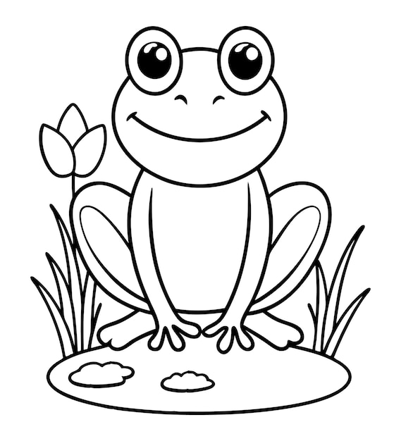 Vector baby frog coloring page outline illustration art with flower in the grass