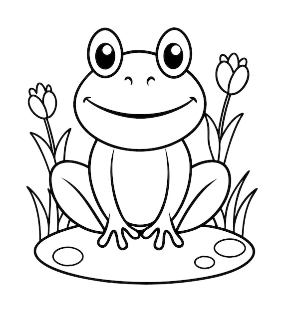 Vector baby frog coloring page outline illustration art with flower in the grass