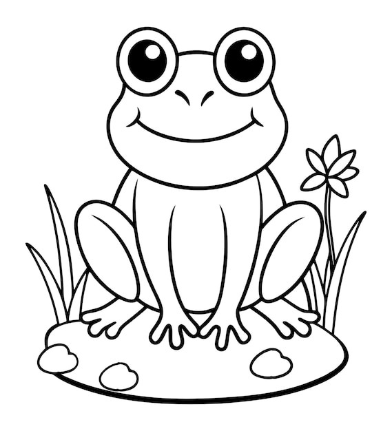 Vector baby frog coloring page outline illustration art with flower in the grass