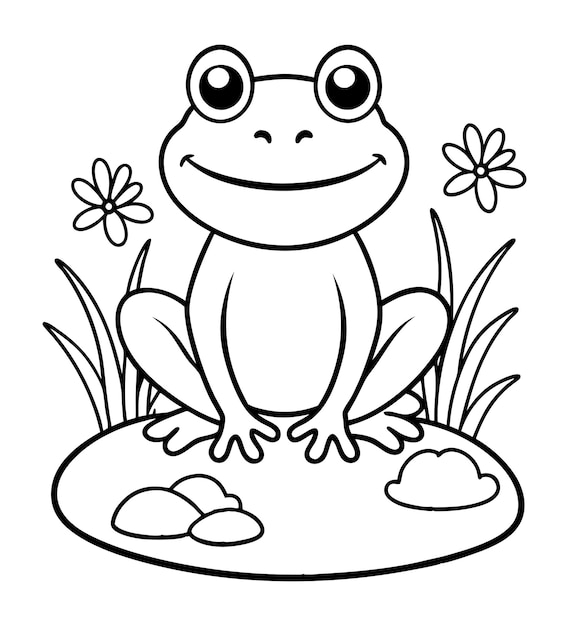 Vector baby frog coloring page outline illustration art with flower in the grass