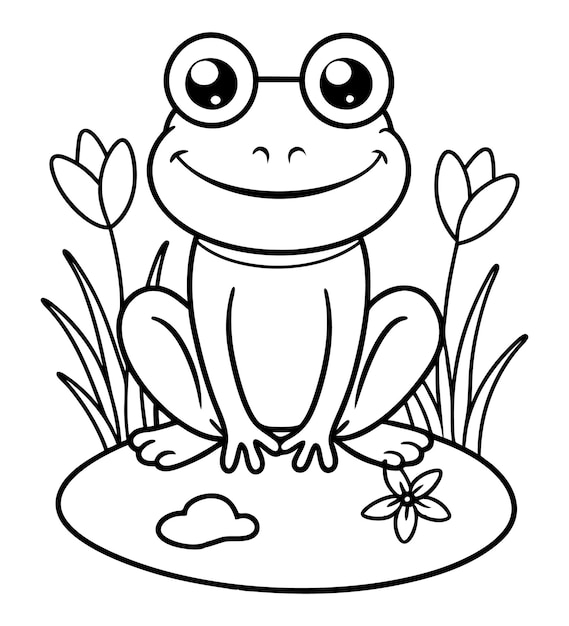 Vector baby frog coloring page outline illustration art with flower in the grass