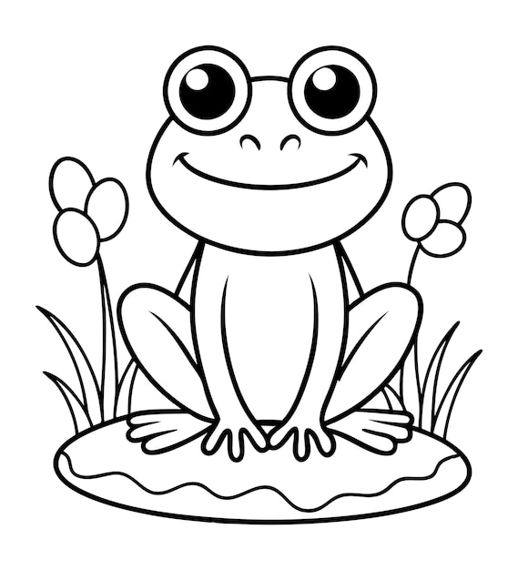 Vector baby frog coloring page outline illustration art with flower in the grass