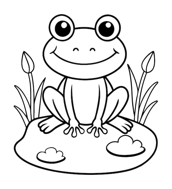 Vector baby frog coloring page outline illustration art with flower in the grass