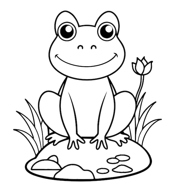 Vector baby frog coloring page outline illustration art with flower in the grass