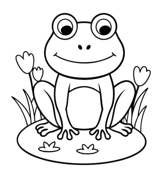 Vector baby frog coloring page outline illustration art with flower in the grass