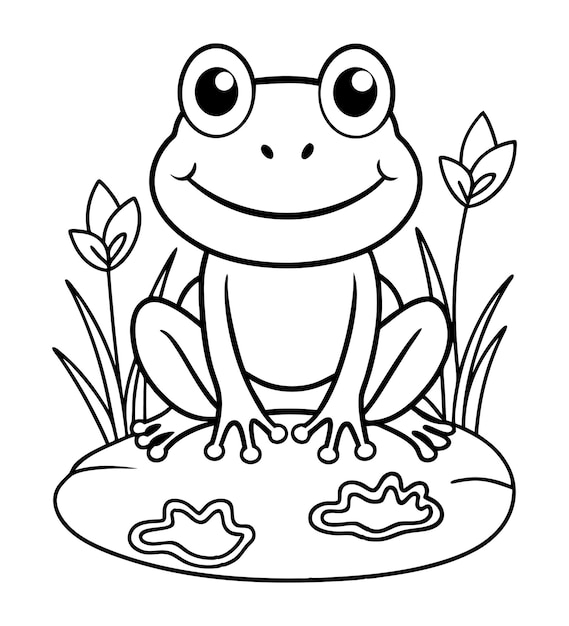 Vector baby frog coloring page outline illustration art with flower in the grass