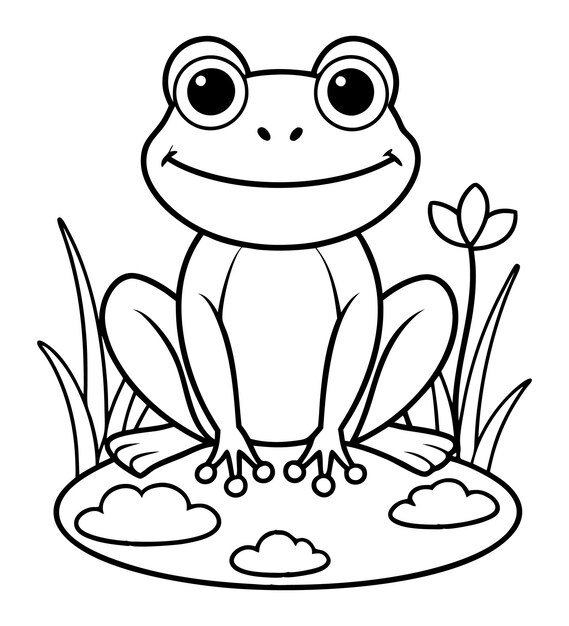 Vector baby frog coloring page outline illustration art with flower in the grass