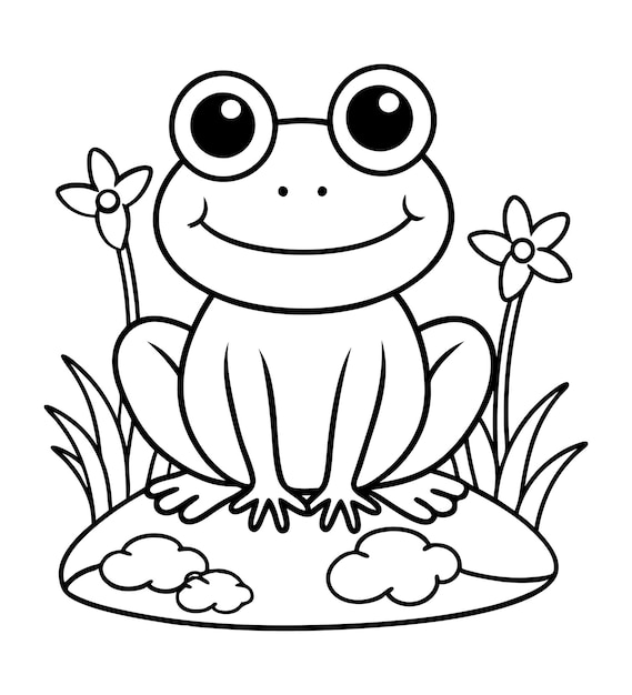 Vector baby frog coloring page outline illustration art with flower in the grass