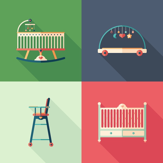 Baby furniture flat square icons with long shadows.