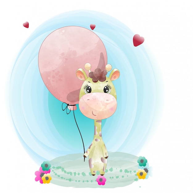 Baby giraffe cute character painted watercolor premium vector