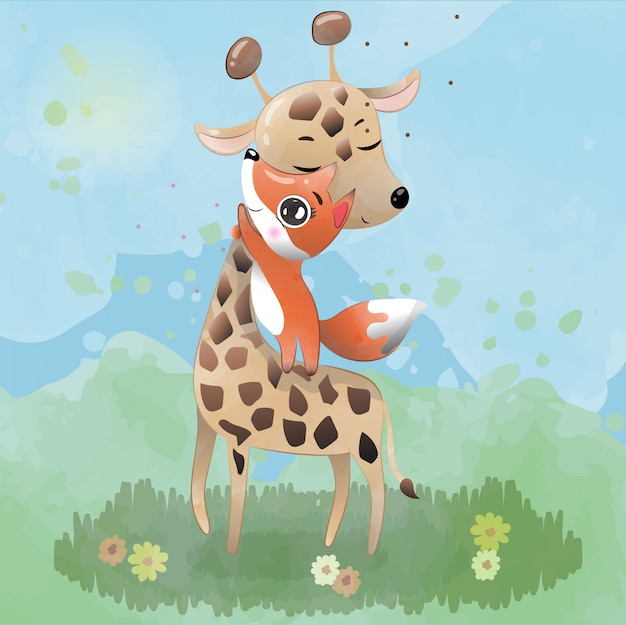 The baby giraffe and the Fox cute character painted with watercolors