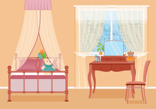 Baby girl bedroom. Room interior with furniture.   illustration.