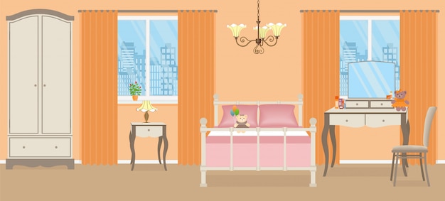 Baby girl bedroom. Room interior with furniture. Vector illustration.