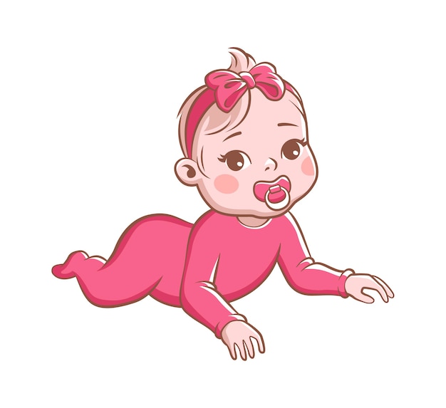 Vector baby girl. cute infant with pacifier, happy toddler in pink clothes and ribbon with bow on head lying. cartoon newborn little playful character vector illustration isolated on white background