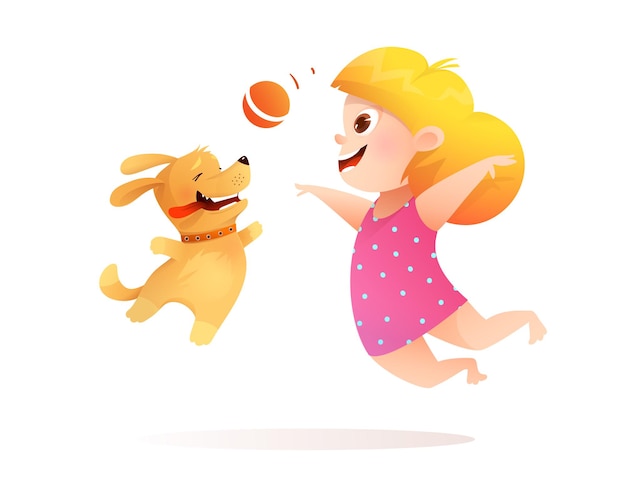 Baby Girl and dog best friends playing together, puppy fetching a ball to a kid