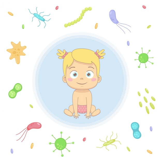 Baby girl immune system against germs and bacteria. Newborn and viruses threat. Protection of children from viruses, immune, immunity concept.