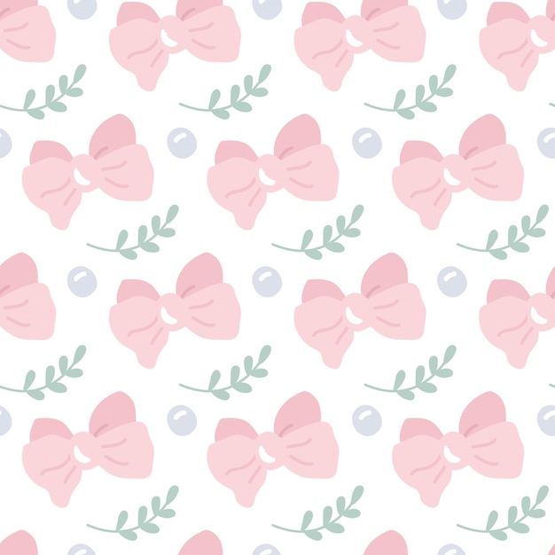 Baby girl seamless pattern Cute pink bows beads and green branches Simple nursery girly background Fashion decorative scandinavian vector print Illustration of seamless background pink pattern