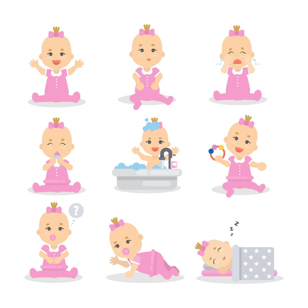 Baby girl set. Cute child in pink sleeping, playing and eating.