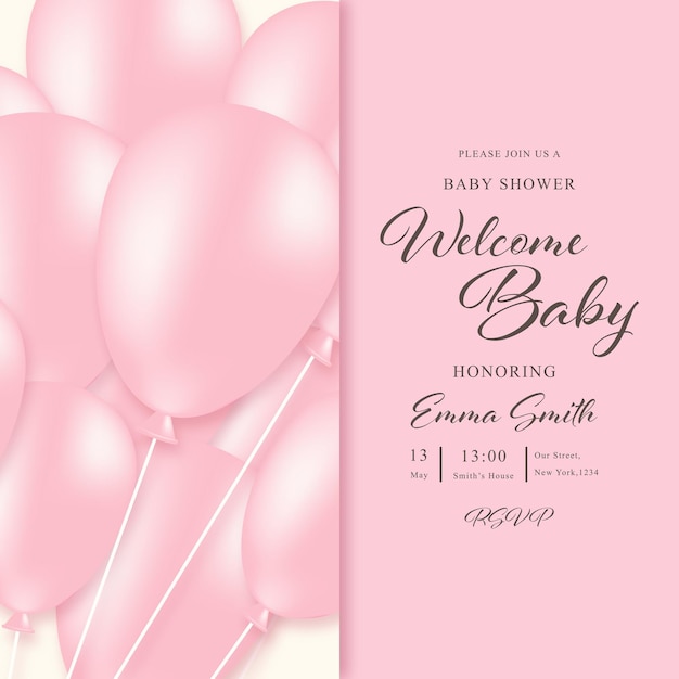 Baby girl shower card invitation vector illustration with pink balloons