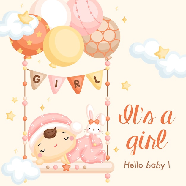 Baby Girl on Swing Balloon Arrival Card