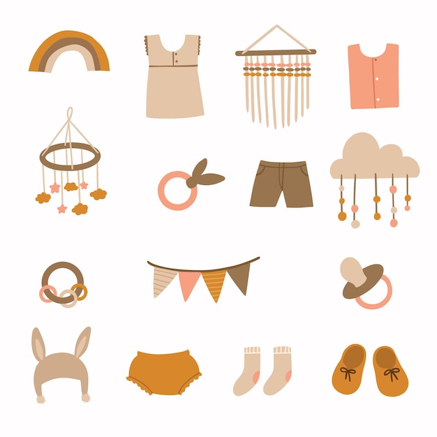 baby goods clipart set in earth tone