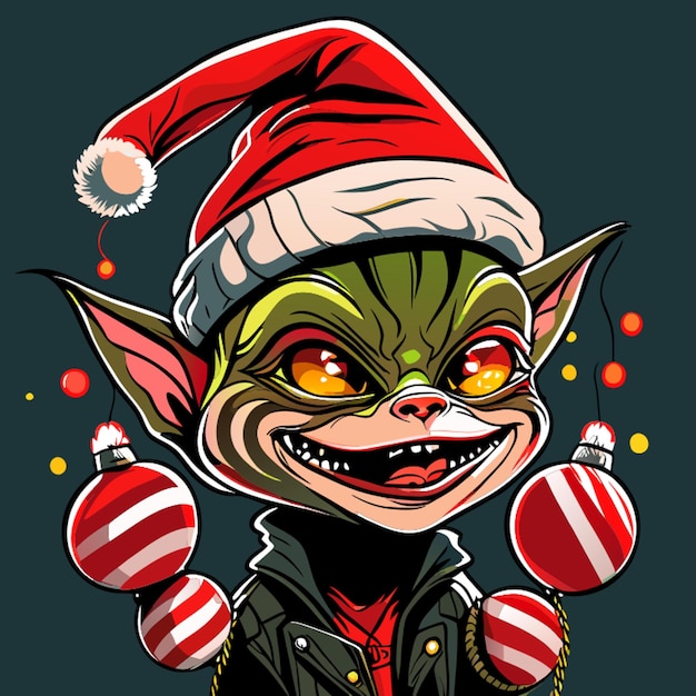 Vector baby grinch with a red christmas hat smiling with shmallows candy canes graffiti vector