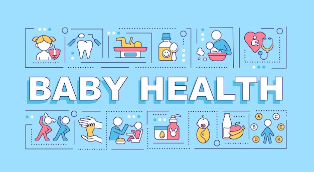 Baby health word concepts banner. Mental and physical health. Infographics with linear icons on blue background. Isolated creative typography. Vector outline color illustration with text