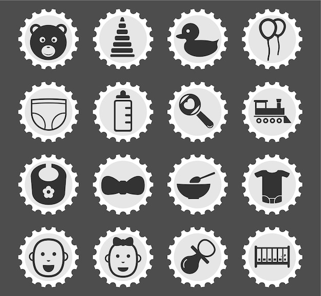 Baby icons on stylized round postage stamps