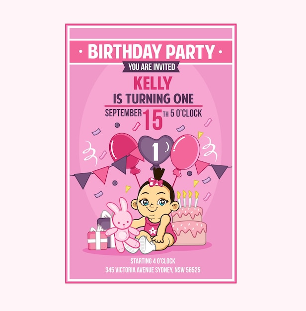 baby infant toddler girl first birthday party invitation card