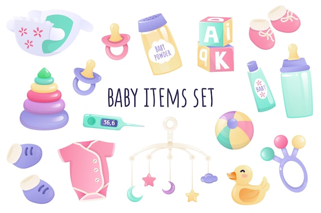 Baby items icon set in realistic 3d design Bundle of diaper pacifier powder cream bottle