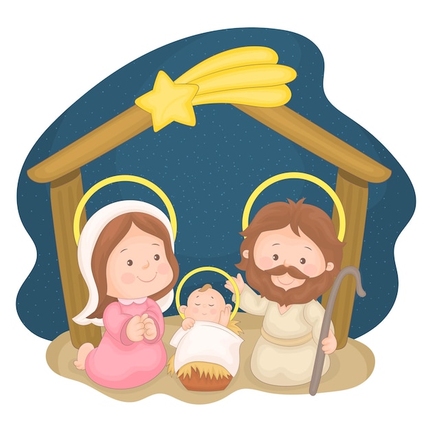 Baby Jesus Mary and Joseph in a humble refuge