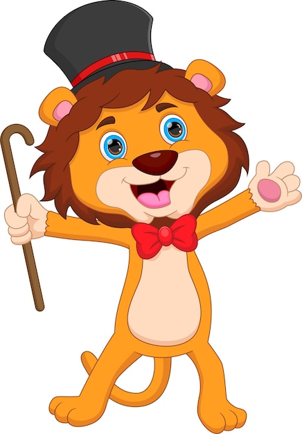 baby lion holding walking stick and wearing hat cartoon