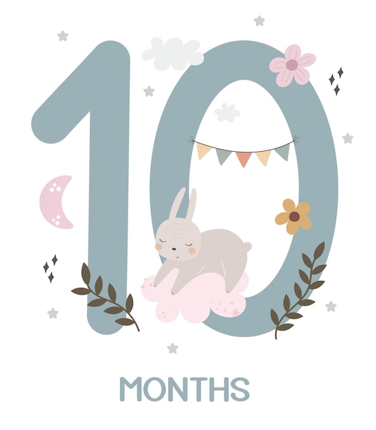 Baby milestone card Cartoon bunny number hand drawing lettering decor elements